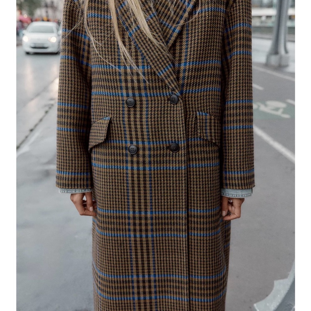 Zara Oversized Plaid Blue and Brown Check Coat